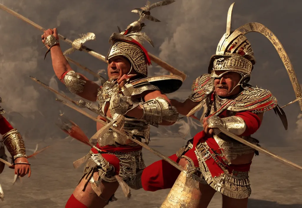 Prompt: a aztec warrior fighting the pope, high quality CG render, 4K