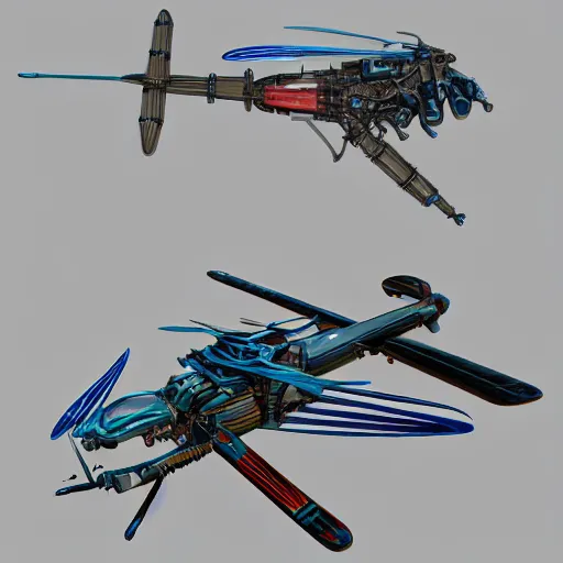Prompt: a mechanized dragonfly with wings spread out, landing gear for legs orthographic view, top down view, bottom view, side view, blueprints, apache chopper, mecha, helicopter, space shuttle, robotic, highly detailed, artstation, super realistic, unreal engine