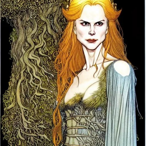 Prompt: a realistic, very beautiful and atmospheric portrait of a young and lithe nicole kidman as a druidic warrior wizard looking at the camera with an intelligent but seductive gaze by rebecca guay, michael kaluta, charles vess and jean moebius giraud