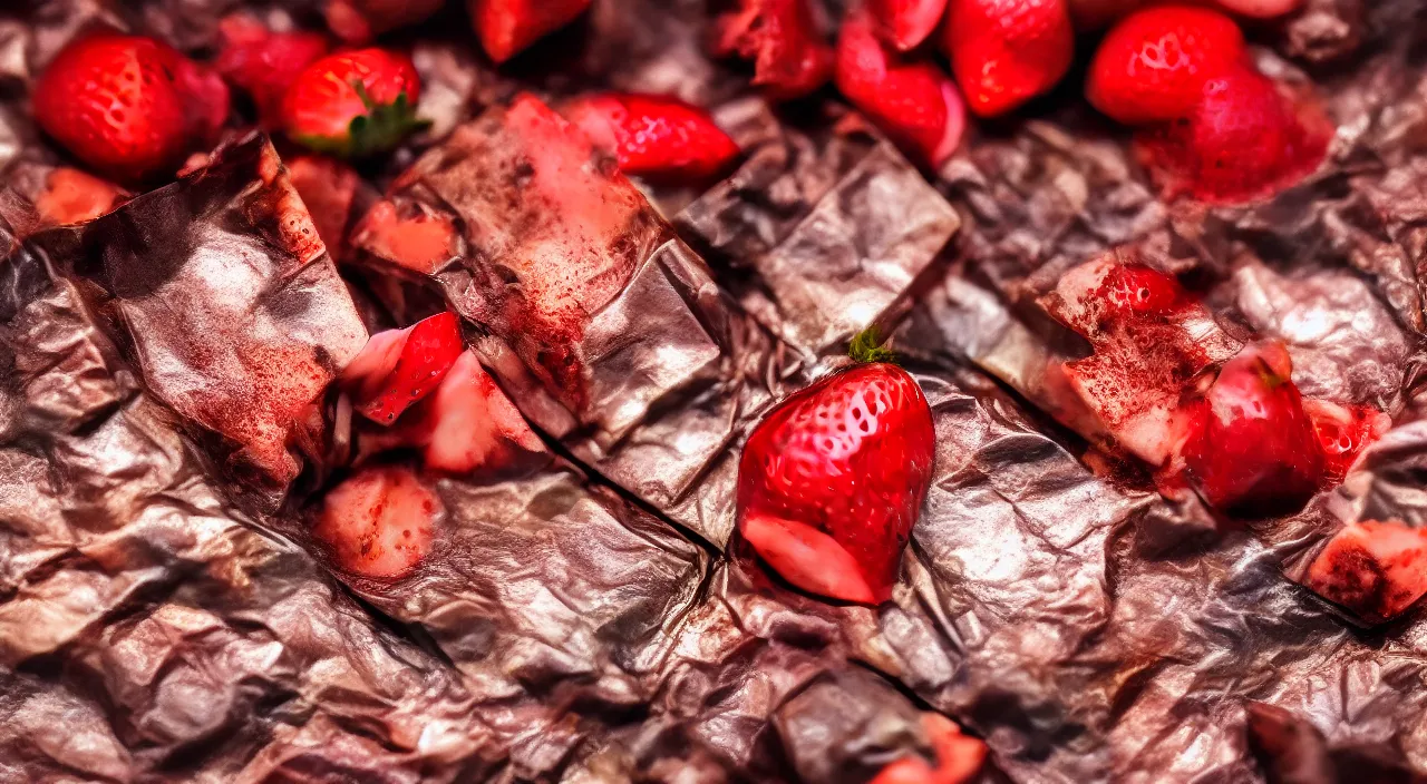 Prompt: A fancy chocolate bar on an opened silver wrapper, with one piece broken off, on a wooden tray, next to sliced strawberries, macro lens product photo