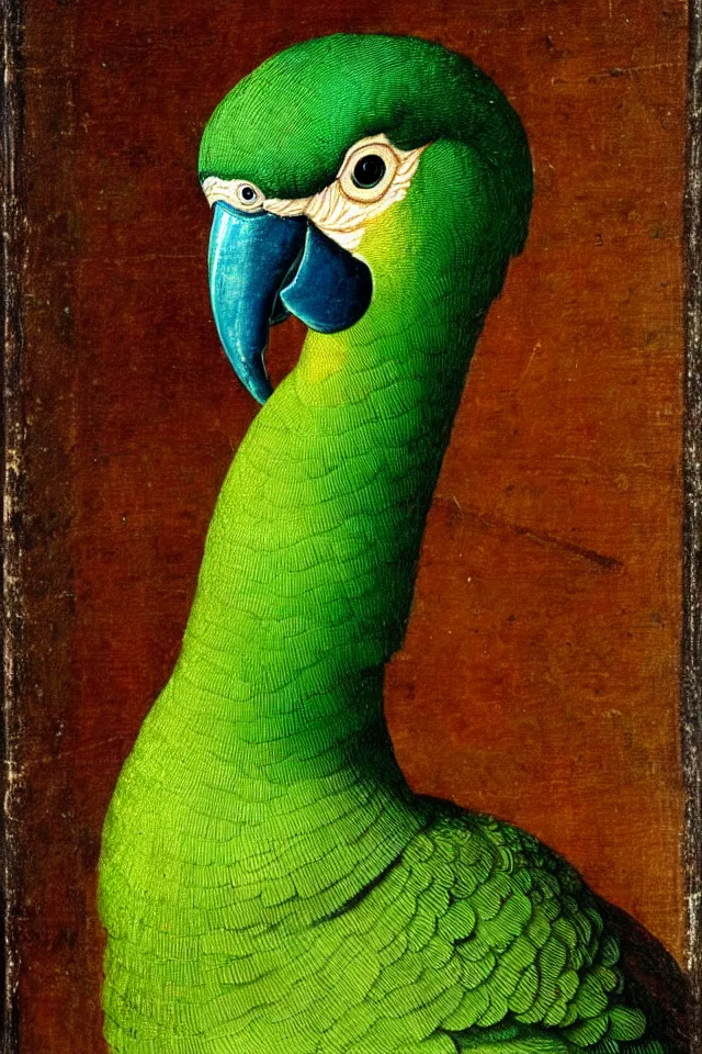 Image similar to a renaissance close up portrait of a green duck parrot as a ninja turtle, centered, triumphant, beautiful intricate painting