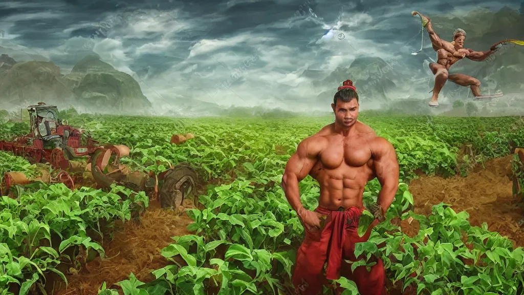 Prompt: bodybuilder farmer surveying his crops, xianxia cultivator, digital 2d fantasy art