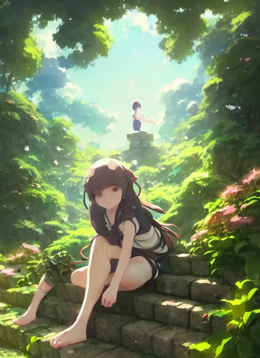 Prompt: girl sitting on a stone stair under a vine rack, many green plant and flower gowing on it, illustration concept art anime key visual trending pixiv fanbox by wlop and greg rutkowski and makoto shinkai and studio ghibli