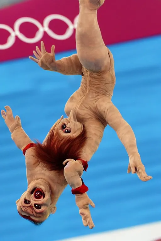 Prompt: screaming chucky doll performing a perfect 1 0 dive at olympics