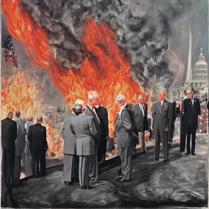 Prompt: United States President viewing the Capital Burn, 1958, Oil on Canvas, Antiwar, full body, dramatic, digital art