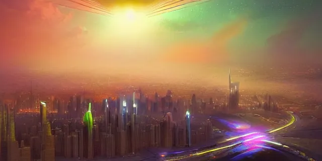 Image similar to a beautiful network of glowing futuristic cubes appears in the sky above a cyberpunk dubai city, atmospheric lighting, intricate, volumetric lighting, beautiful, sharp focus, ultra detailed, in the art style of marc simonetti, bowater charlie and brom gerald, astrophotography