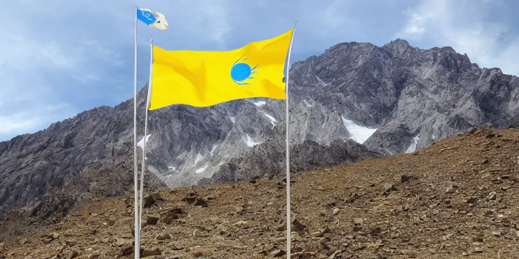 Image similar to flag of kazakhstan flying over mountain