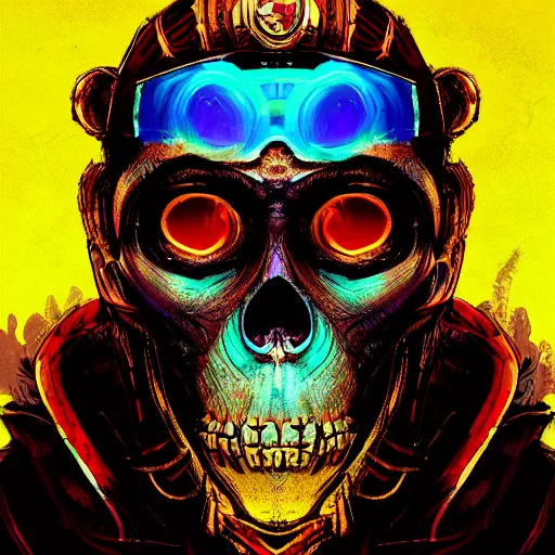 Image similar to a golden skull face monkey warrior with a ruby in his forehead, Apex Legends character digital illustration portrait design, by android jones, detailed, neon blacklight color scheme, cinematic lighting, wide angle action dynamic portrait