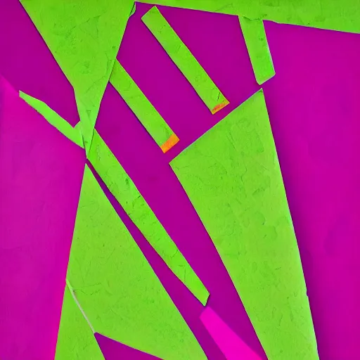 Image similar to abstract paper collage in hot pink, lime green, and purple; highly detailed; torn edges