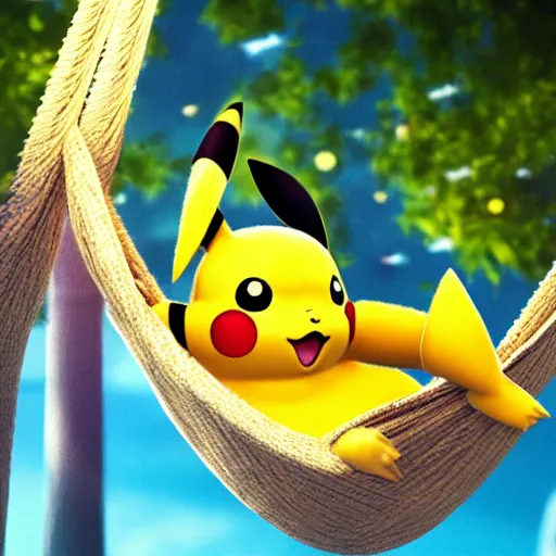 Prompt: pikachu in a hammock, cinematic, cinematic lighting, trending on Artstation, Cgsociety, detailed, 4k, very realistic