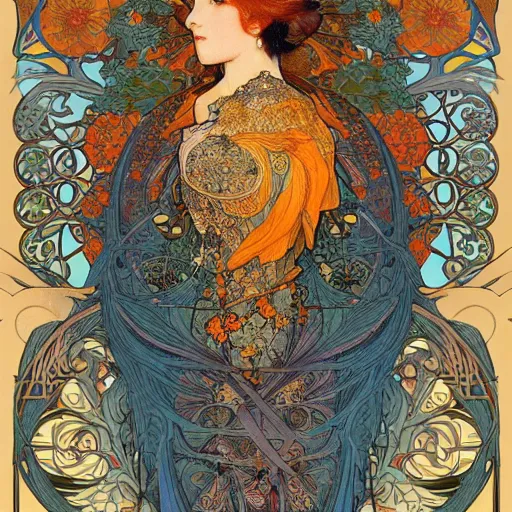 Prompt: ethereal nightingale bird made of fabric, alphonse mucha, ganbrood william morris, delicate, textured, ornate, complex detailed illustration, swirling, octane render, intricate detail, orange blue gold