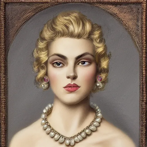 Image similar to ornate by cyril pontet flax. illustration. a beatiful portrait of a young woman, pictured from the shoulders up, wearing a pearl necklace & earrings. she has blonde hair that is styled in loose curls, & she is looking to the side with a soft expression.