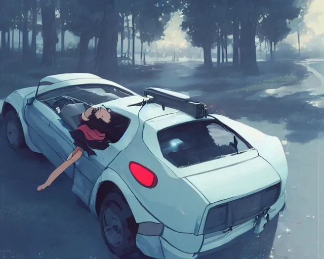 Image similar to a brunnete girl with blue eyes and puffy cheeks lying in a car accident, long shot from the top, anime art, Greg Rutkowski, studio ghibli, dramatic lighting