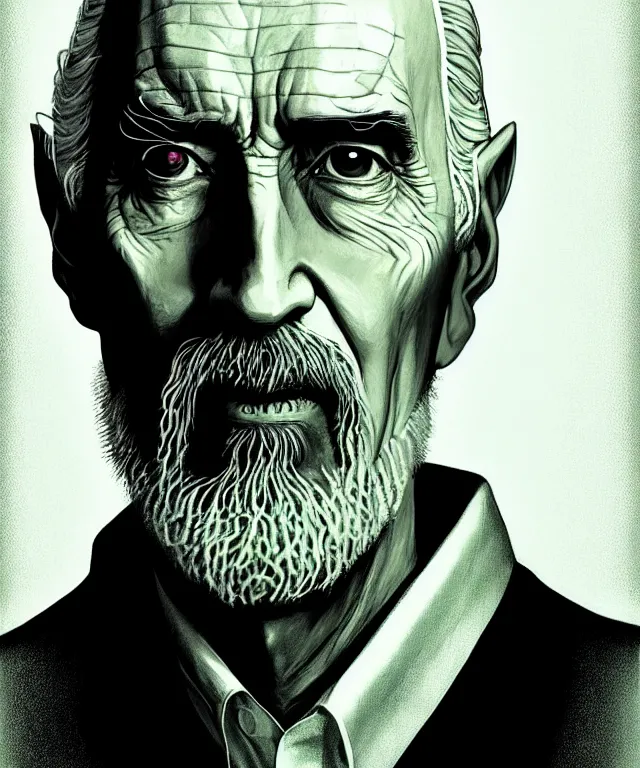 Prompt: portrait christopher lee as saruman as walter white with white tape across his nose, lime green shirt, caricature, headshot, highly detailed, digital painting, artstation, concept art, sharp focus, cinematic lighting, illustration, art by met mangindaan, artgerm and greg rutkowski, alphonse mucha, cgsociety