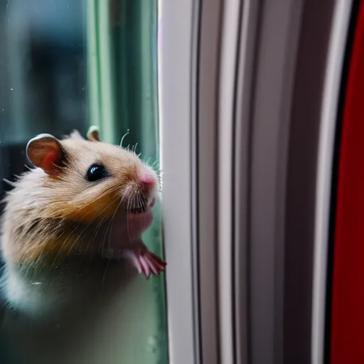 Image similar to photo of a hamster inside a metro train, looking out of a window, various poses, unedited, soft light, sharp focus, 8 k