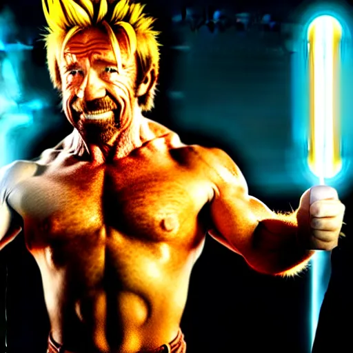 Prompt: uhd candid photo of cosmic chuck norris as a super sayian powering up, glowing, global illumination, studio lighting, radiant light, detailed, correct face, elaborate intricate costume. photo by annie leibowitz