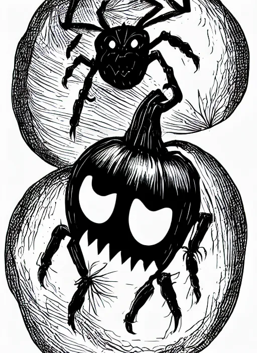 Prompt: an evil looking pumpkin head on a creppy black spider, spooky halloween theme, illustration line art style