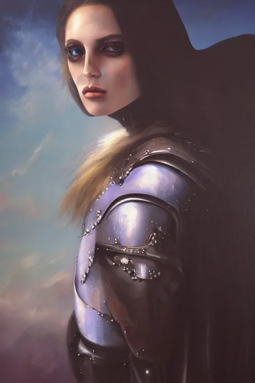 Image similar to hyperrealism oil painting, close - up portrait of european medieval brunette vampire fashion model, knight, steel gradient mixed with nebula sky, in style of baroque