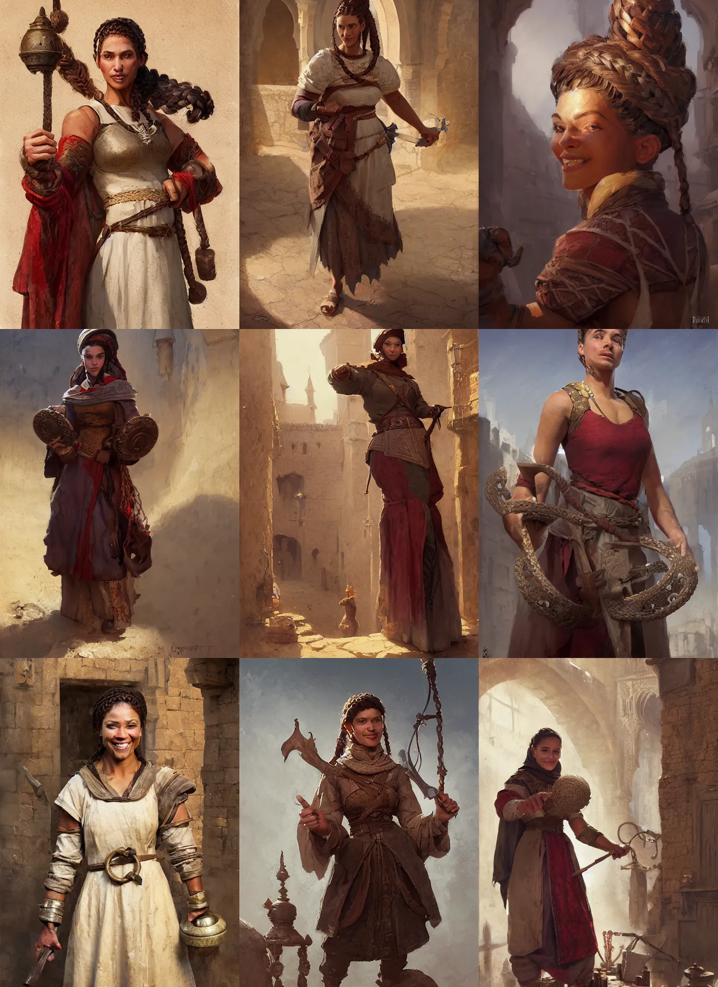 Prompt: a medieval shopkeeper from Morocco, mixed-race woman, crimson single french braid bun, sarcastic and friendly, athletic crossfit build, smirking, fantasy character portrait by Greg Rutkowski, Craig Mullins, Gaston Bussiere