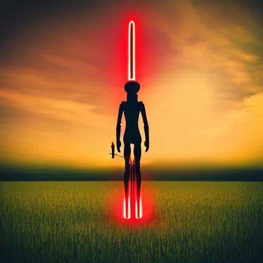 Image similar to detailed alien standing in field, with red lightsaber, gloomy nemobo at sunset