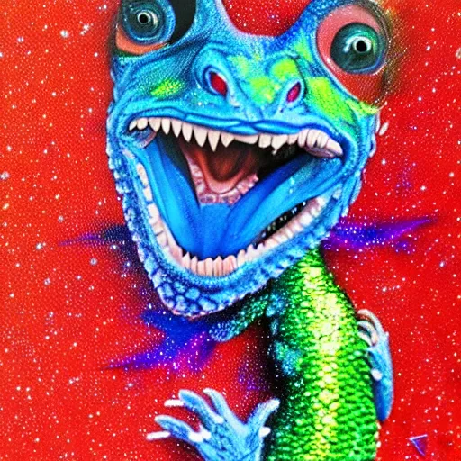 Image similar to president nixon as a smiling laughing bright blue lizard person, airbrush painting, hyper detailed, 8 k, photorealism, rule of thirds, glitter.