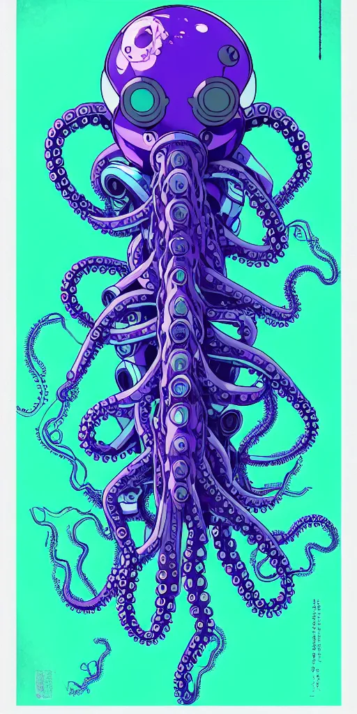 Image similar to robotic cyberpunk octopus by miyazaki, blue green purple color palette, symmetrical poster illustration, kenneth blom, mental alchemy, james jean, pablo amaringo, naudline pierre, contemporary art, hyper detailed