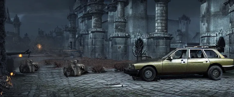 Image similar to Armored and Armed Military Audi 80 B3 Avant (1988) with a mounted M249 with soldiers on, Dark Souls 3, Eldritch Horrors, Wretched and Corrupted Knights, Battle, Fight, gunshots fired, a grim fantasy, Anor Londo, dramatic lighting, cinematic, establishing shot, extremely high detail, photorealistic, cinematic lighting, artstation, by simon stalenhag