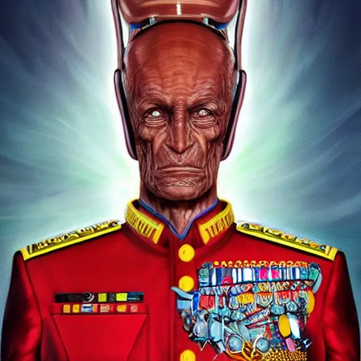 Prompt: the ultradetailed portrait of a majestic alien general in uniform, trending on artstation