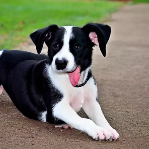 Prompt: a black and white dog mixed with american staffordshire terrier papillon german shepherd treeing walker coonhound