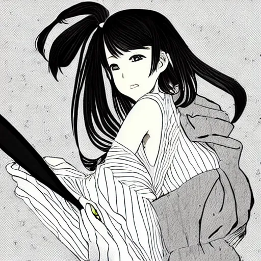 Image similar to “Detailed manga art of a beautiful Japanese girl holding a knife; loving expression; school uniform; high contrast; clean, sharp”