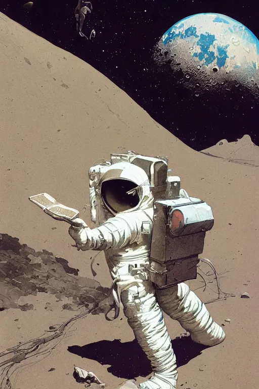 Image similar to fan astronaut stands on the surface of the moon, by norman rockwell, jack kirby, jon berkey, earle bergey, craig mullins, ruan jia, jeremy mann, tom lovell, marvel, astounding stories, 5 0 s pulp illustration, scifi, fantasy, artstation creature concept