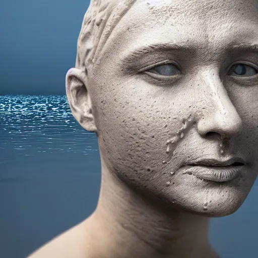 Prompt: a sculpture made of water in the shape of a human head, on the ocean water, water manipulation photoshop, behance, cinematic, in the style of johnson tsang, long shot, hyper detailed, hyper realistic, ray tracing, 8 k resolution, sharp focus, realistic water, award winning