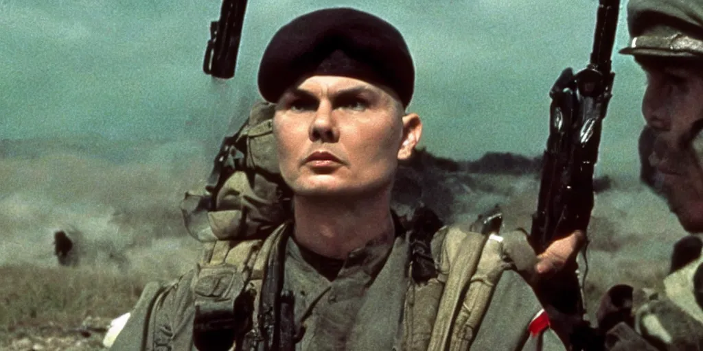 Image similar to a film still of Billy Corgan in the thin red line, high detail,
