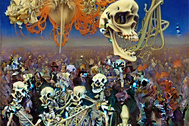 Image similar to realistic detailed portrait painting of a skeleton in a crowded futuristic street by Jean Delville, Amano, Yves Tanguy, Alphonse Mucha, Ernst Haeckel, Edward Robert Hughes, Roger Dean, rich moody colours, blue eyes