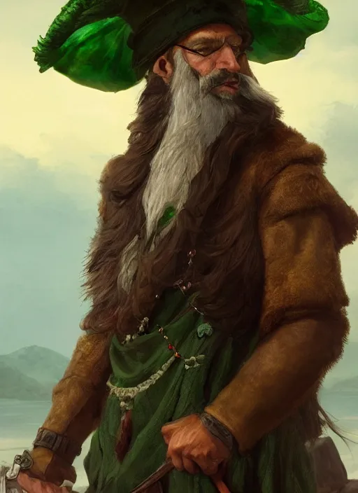 Prompt: ratlike human with beard, serious, mean eyes, wearing jewelry, tricorne hat, green robe, d & d, digital art, detailed face, highly detailed, trending on artstation, 4 k, sea in the background, art by greg rutkowski