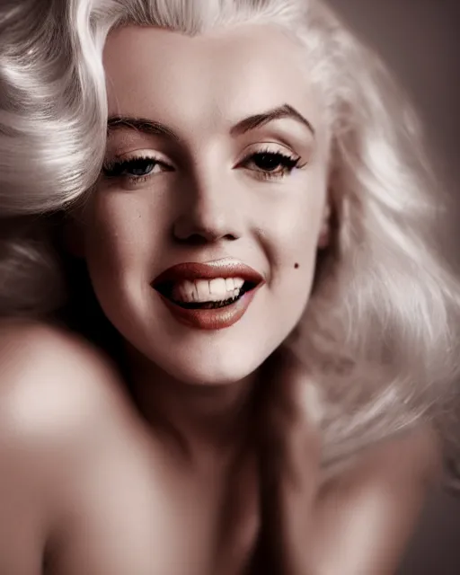 Image similar to Beautiful Head and shoulders portrait of smiling flirty seductive Marilyn monroe with platinum blonde hair, wearing a camisole by arney freytag, artstation, 35mm, fashion photoshoot, laying on a bed in a photo studio, golden hour, bokeh, rim lighting, fashion pose, octane, 4k
