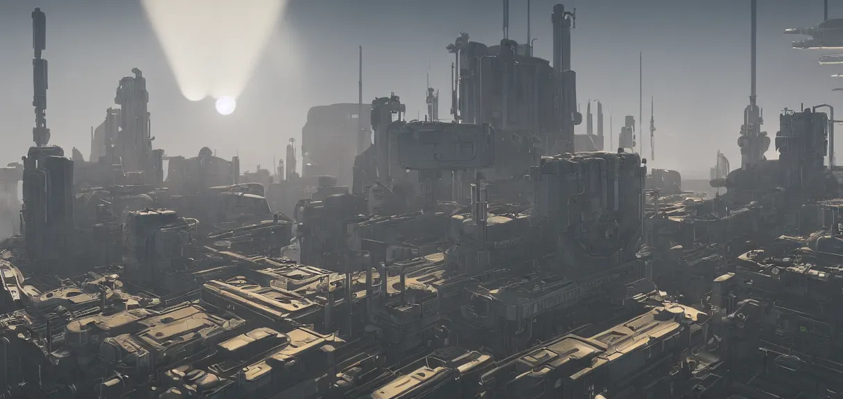 prompthunt: a minimalist scifi brutalist maschinen krieger robot factory at  the golden hour with columns of steam, ilm, beeple, star citizen halo, mass  effect, bladerunner, elysium