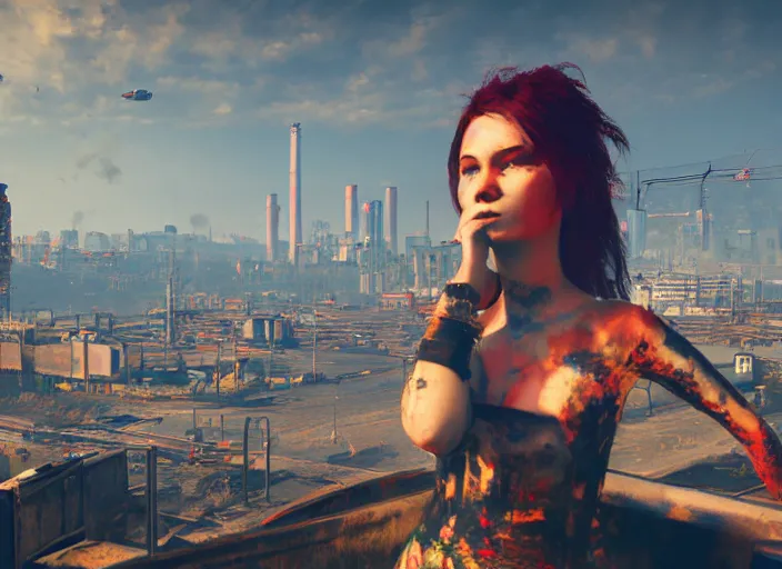 Image similar to mysterious sad rotten girl wrapped in smoke and a red dress is observing a big industrial city metropoli in the distance, cloudy sky, cyberpunk 2 0 7 7