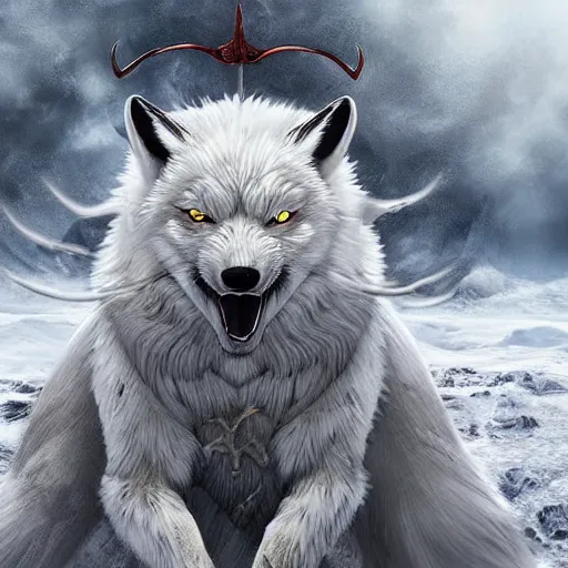 Prompt: angry devil white polar fox with sharp teeth wearing medieval armor presented as god of destruction, ice and fire, postapocalyptic world, hyperrealistic, highly detailed