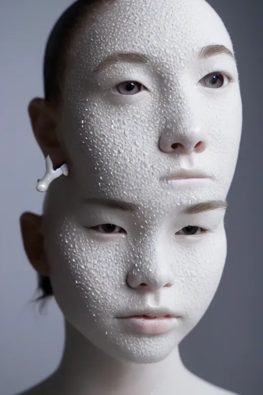 Prompt: ! dream full head and shoulders, beautiful porcelain female person, mixed with frog spawn eyes, smooth, delicate facial features, white detailed eyes, white lashes, by daniel arsham and james jean
