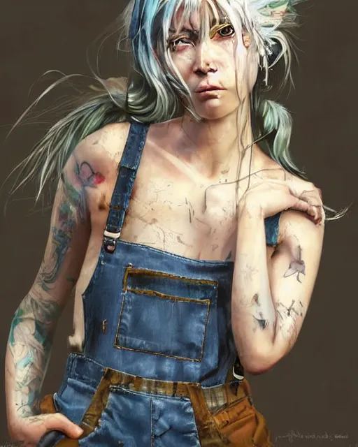 Prompt: cute grungy woman with rainbow hair, drunk, angry, soft eyes and narrow chin, dainty figure, long hair straight down, torn overalls, short shorts, combat boots, basic white background, side boob, highly detailed face, realistic face, beautiful detailed eyes, fantasy art, in the style of greg rutkowski, illustration, epic, fantasy, intricate, hyper detailed, artstation, concept art, smooth, sharp focus, ray tracing, vibrant,