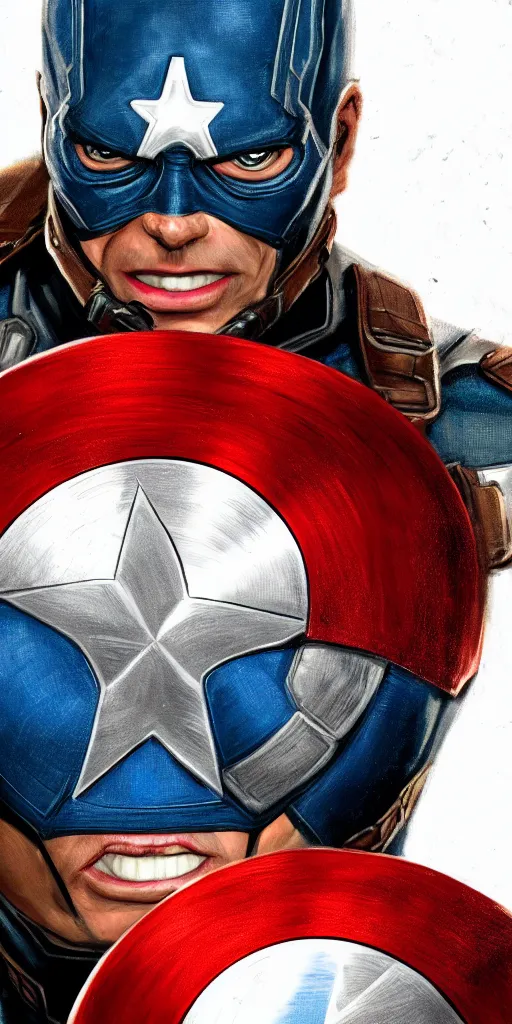 Image similar to captain america played by jim carrey, face portrait, battle shot, hd shot, fantasy art, artstation, comic style