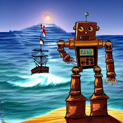 Prompt: A robot navigating an old pirate ship on the ocean, fantasy style