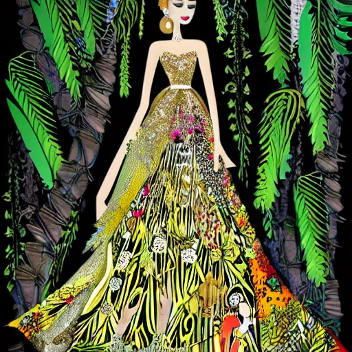 Image similar to zuhair murad dress fashion illustration by eko nugroho, jungle background, fine detail