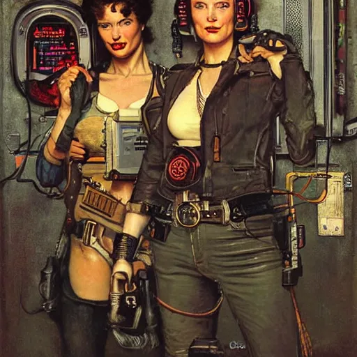 Prompt: portrait of three cyberpunk female outlaws, by norman rockwell