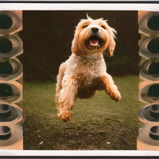 Image similar to a modern color film strip reel of a dog jumping up and down with 9 frames