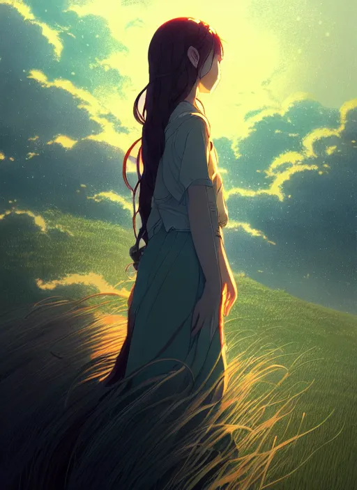 Prompt: portrait of a girl, cloudy sky background lush landscape ln illustration concept art lotr anime key visual portrait long flowing hair fine detail delicate features gapmoe kuudere trending pixiv by victo ngai fanbox by greg rutkowski makoto shinkai takashi takeuchi studio ghibli