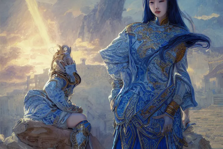 Image similar to portrait knights of Zodiac girl, Chinese Blue and white porcelain reflected armor, kung fu fighting in ruined Agora of Athens sunrise, ssci-fi, fantasy, intricate, very very beautiful, elegant, golden light, highly detailed, digital painting, artstation, concept art, smooth, sharp focus, illustration, art by tian zi and WLOP and alphonse mucha