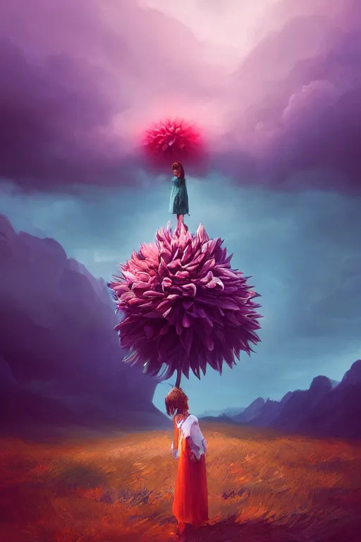 Image similar to closeup giant dahlia flower over head, girl standing on mountain, surreal photography, blue storm clouds, dramatic light, impressionist painting, digital painting, artstation, simon stalenhag