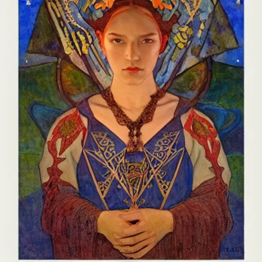 Image similar to the night crown, by Annie Swynnerton and Nicholas Roerich and Diego Rivera, embroidered robes, starry tattoos, elaborate costume, geometric ornament, symbolist, soft colors, dramatic lighting, smooth, sharp focus, extremely detailed